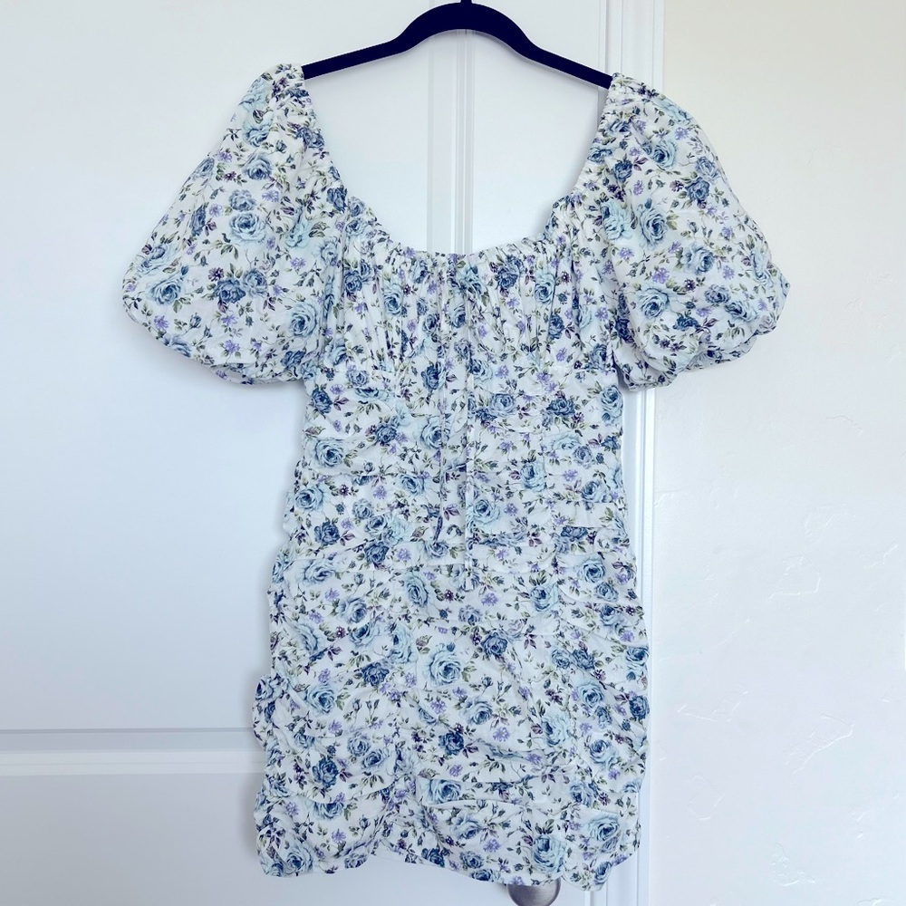 Puffy sleeves mini dress with blue and Lilac tiny flowers